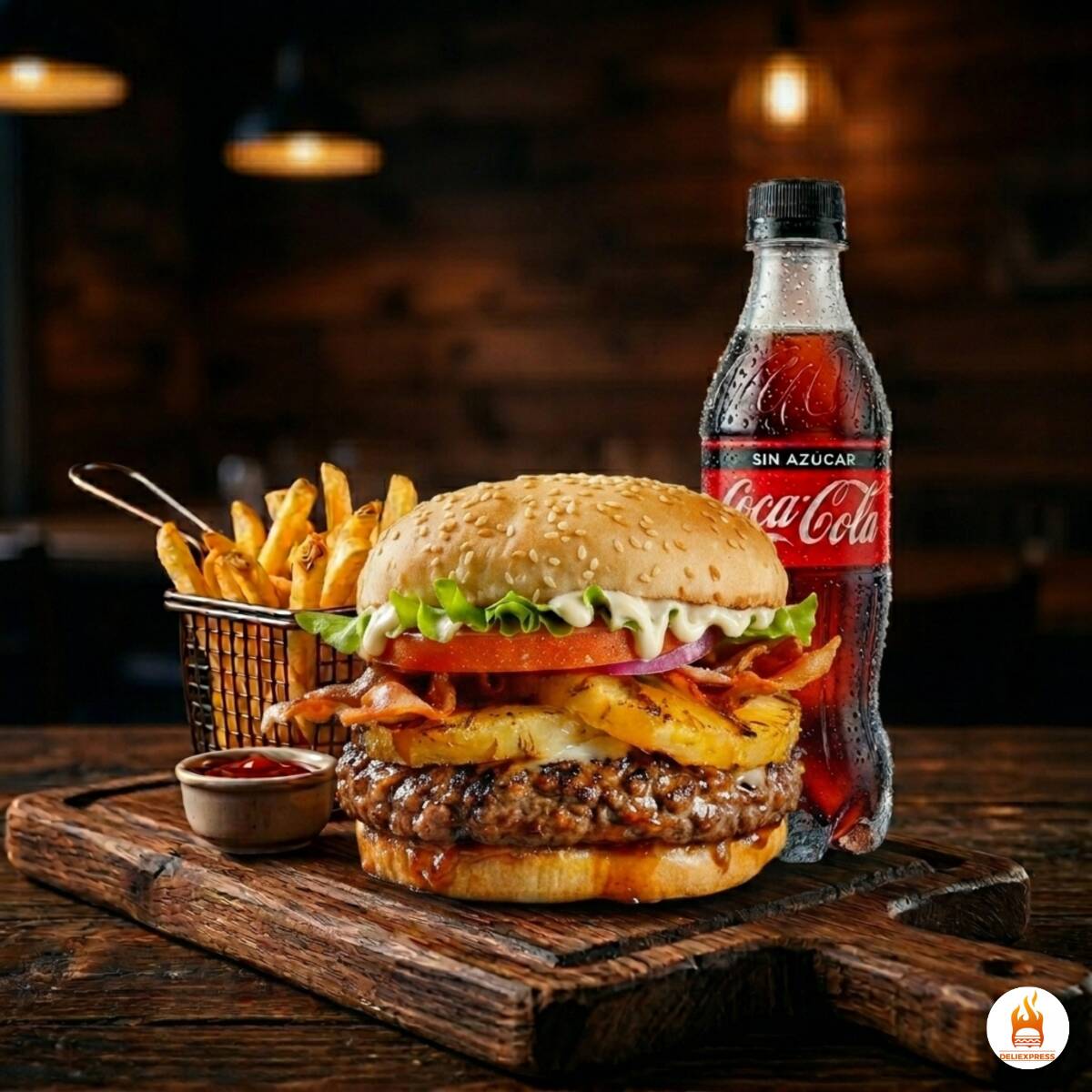 Bacon hawai + papas + coca cola