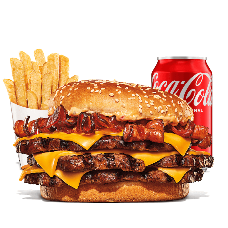 Um hambúrguer com três carnes bovinas grelhadas de 113g, pão com gergelim, queijo derretido, fatias de bacon crocante e o exclusivo molho bk stacker. Acompanha batata frita e bebida.