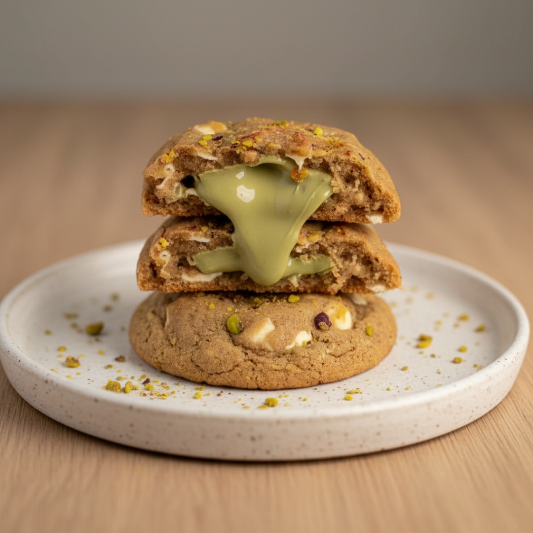 Nosso queridinho cookie de pistache, feito com massa Tradiconal super crocante por fora e úmida por dentro, com gotas de chocolate branco nobre, recheado com nosso creme de pistache, finalizado com pedaços de pistache por cima.