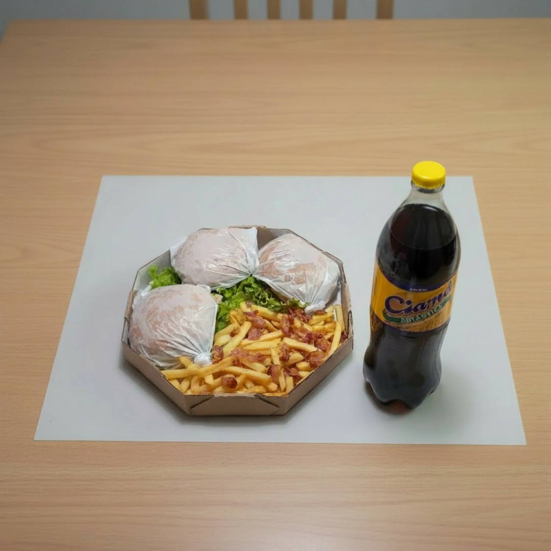 3 x , batata frita com bacon e cheddar e uma cini 2 litros sabores (Burguer, salada, bacon, egg, calabresa, hotdog simples, alcatra acebolado ou x frango) Cini guarana, abacaxi ou framboesa. Escolher os lanches e colocar em obervaçoes.