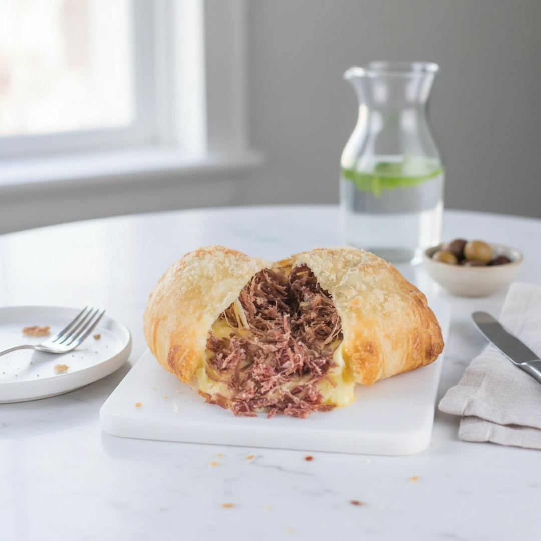 Carne seca desfiada com queijo mussarela.