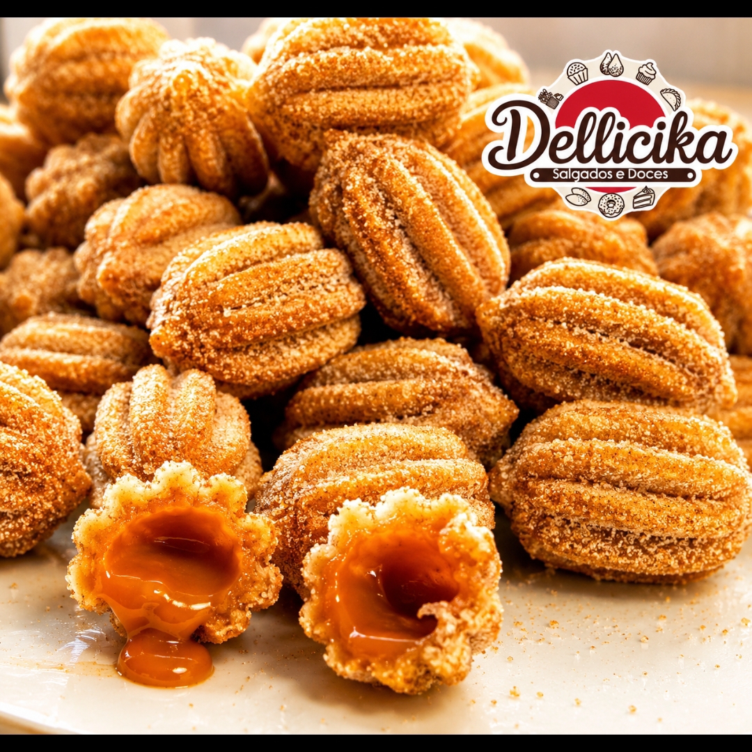 50 mini churros crocantes, recheados com doce de leite cremoso.