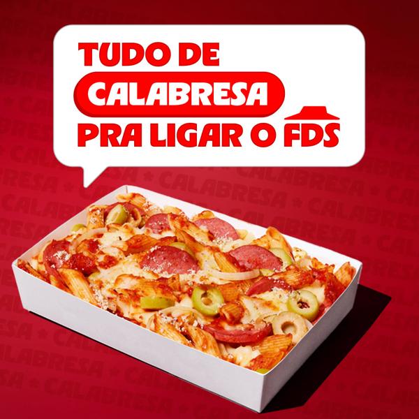 Penne com Molho Exclusivo Pizza Hut, calabresa, azeitona e cebola. Sabor marcante!