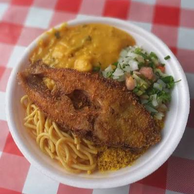 Peixe em posta Corvina, Arroz, Feijão, Macarrão e Vinagrete