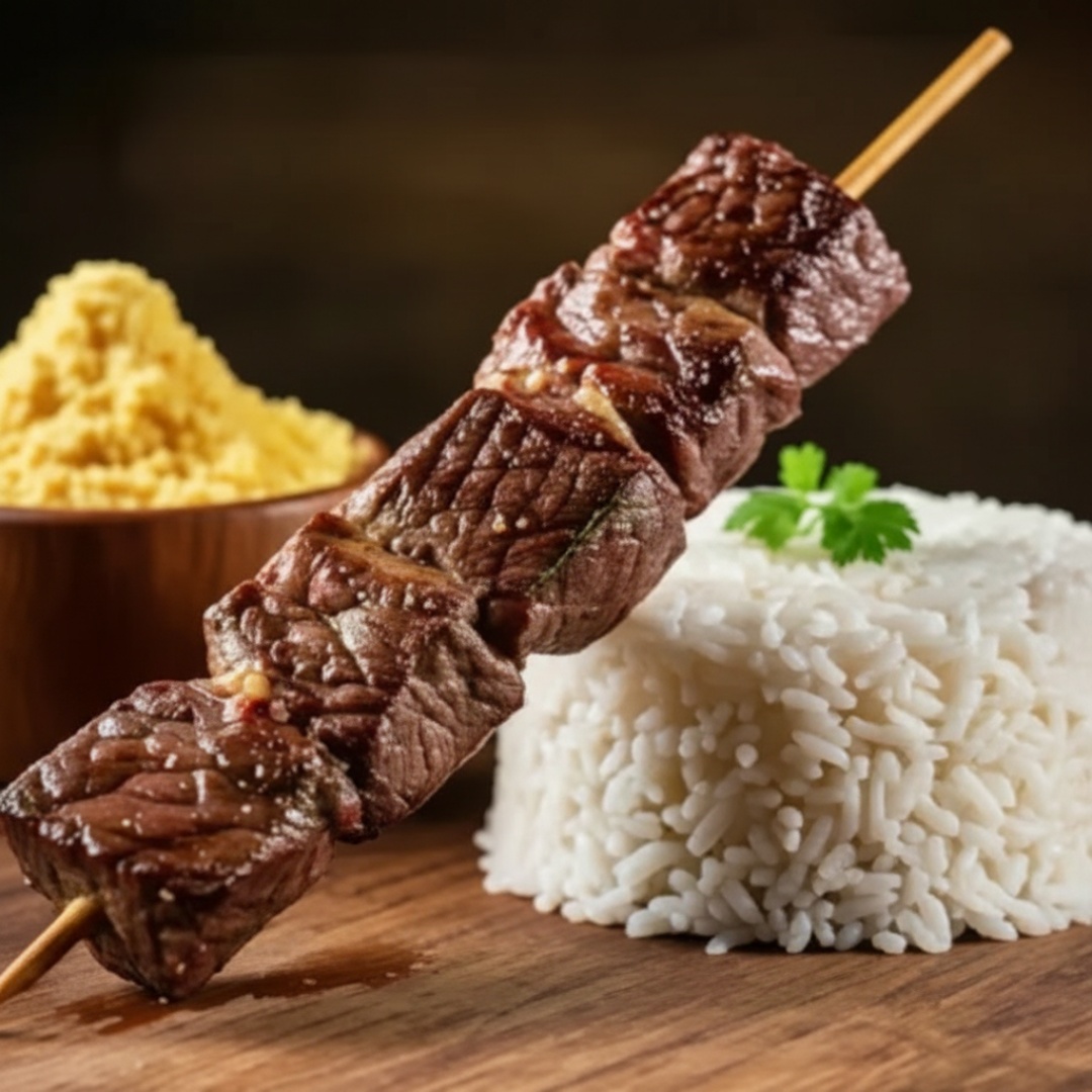 Espeto de Alcatra, Arroz Farofa e Vinagrete