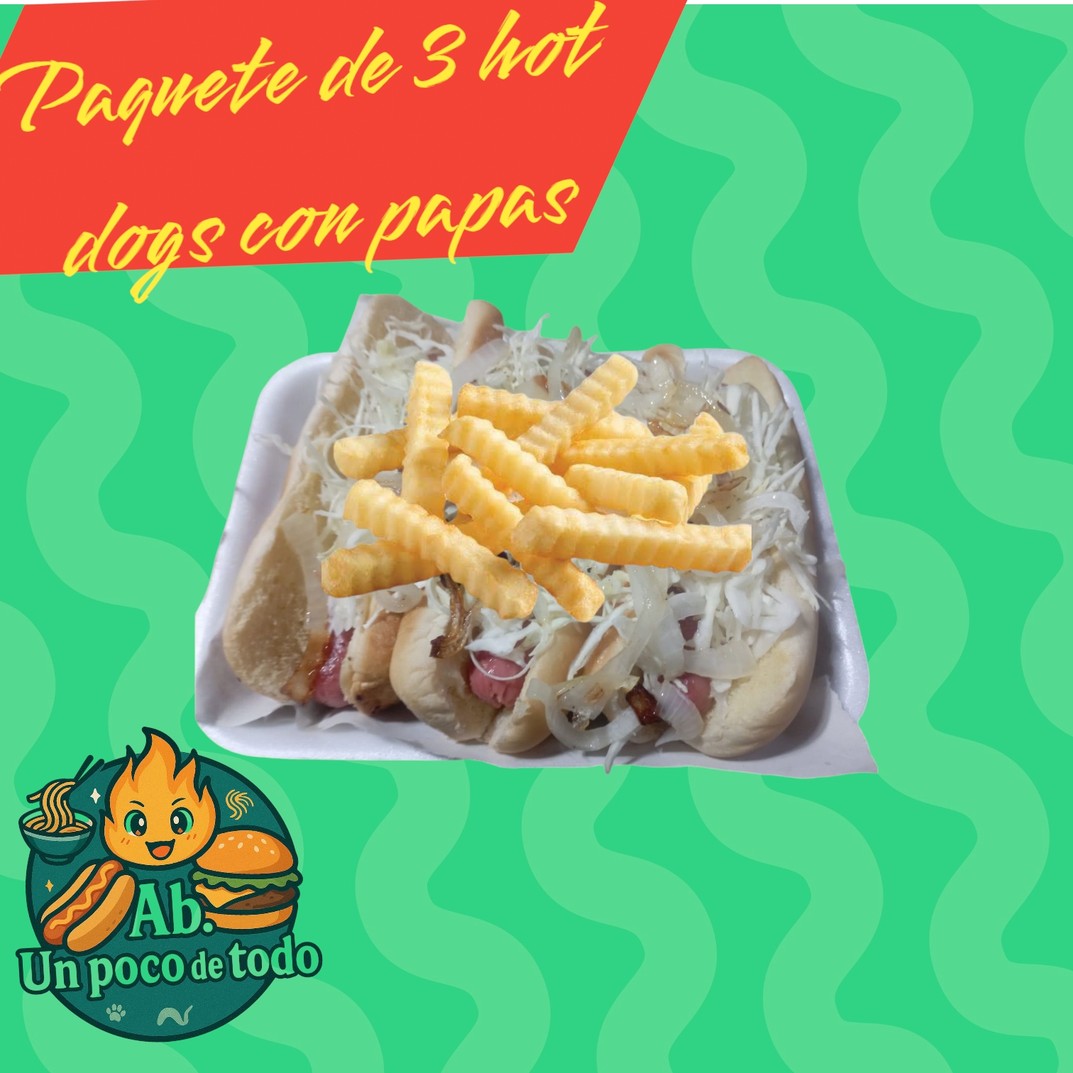 Paquete de 3 hot dogs con papas