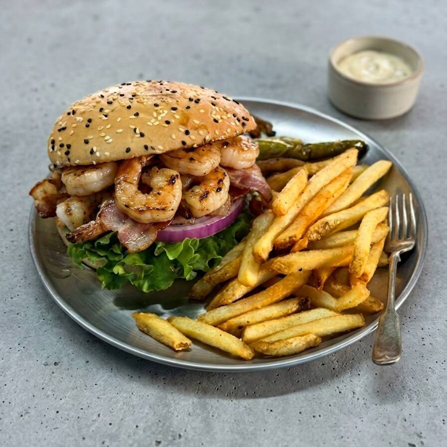 Combo Hamburguesa de Camarón y Tocino