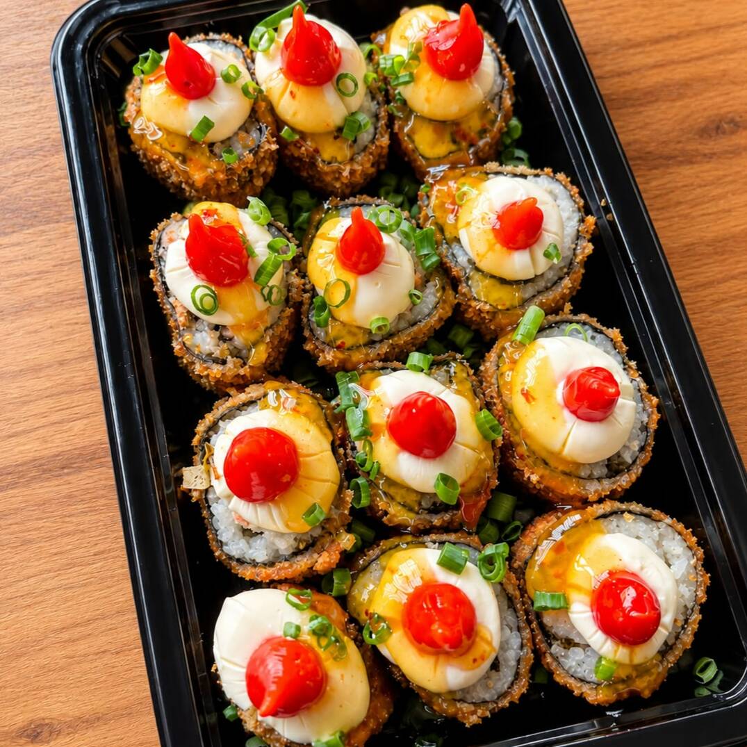 12 Hot Roll recheados com salmão e cream cheese, finalizados com pimenta biquinho