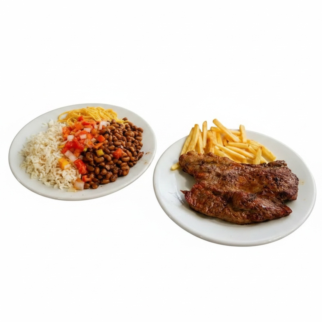 Maminha - arroz, macarrão, vinagrete, farinha e feijão (preto, mulatinho ou macassa), fritas.
