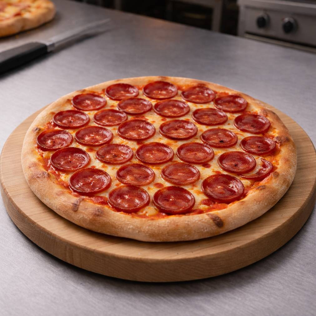Uma fina camada de massa de tomate, na sequência uma camada generosa de muçarela, na sequência calabresa e uma outra camada de muçarela