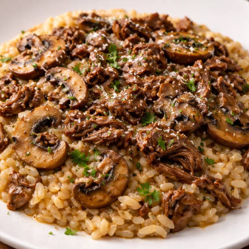 Arroz arbóreo com cubos de filé mignon e ragú de cogumelos. Finalizado com parmesão, manteiga e ervas.