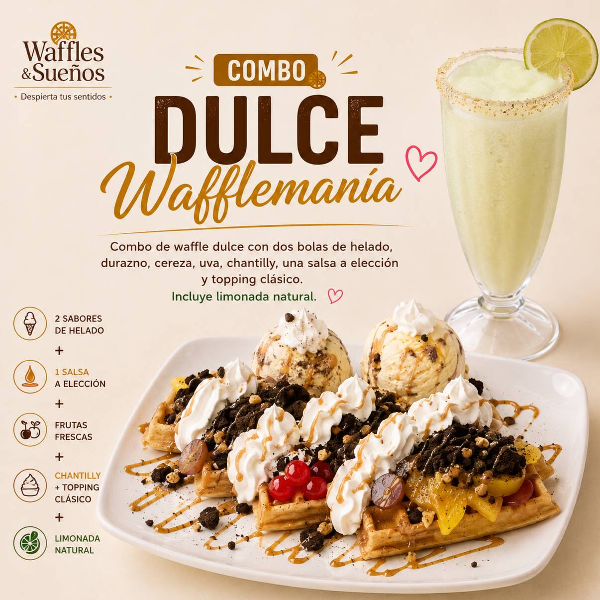 Waffle Dulce Wafflemanía + Limonada Natural