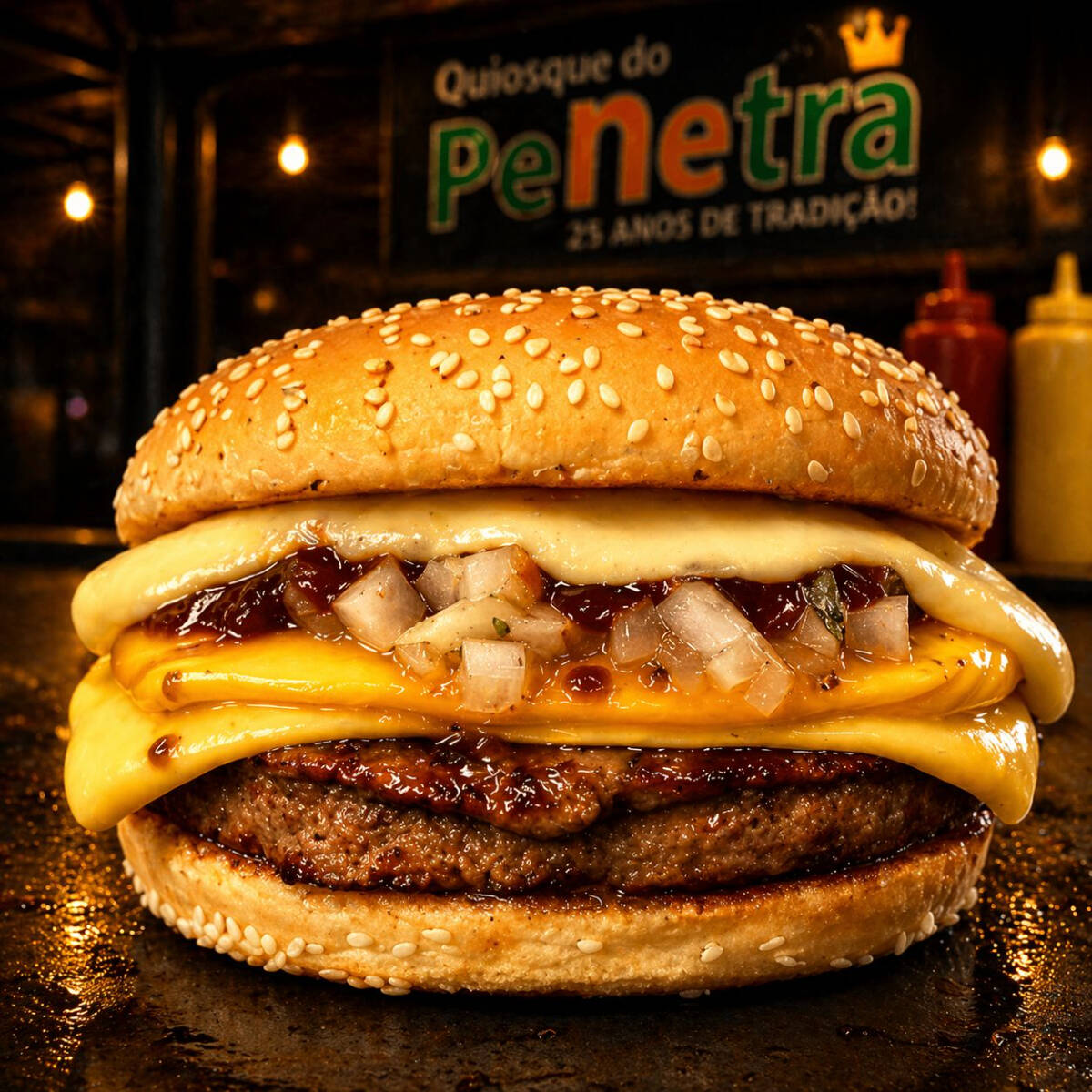 PÃO, PICANHA 120GR, QUEIJO, CHEDDAR, CEBOLA PICADA, BARBECUE E PROVOLONE.