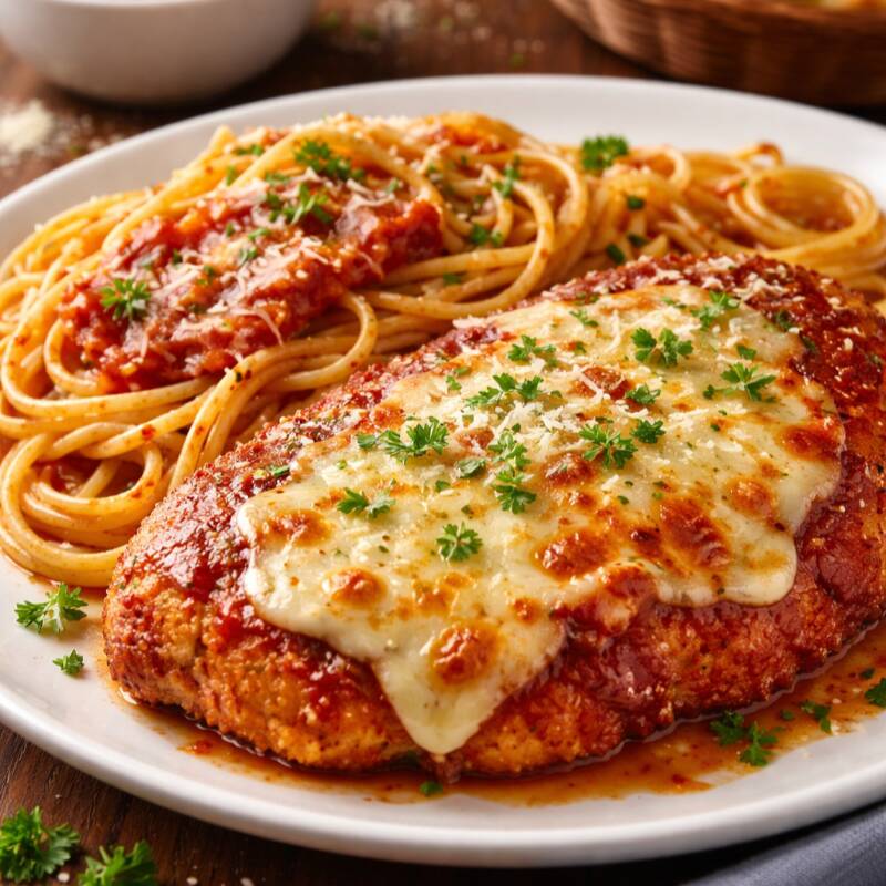 Delicioso espaguete ao molho vermelho finalizado com 100g de frango a parmegiana gratinada com muçarela.