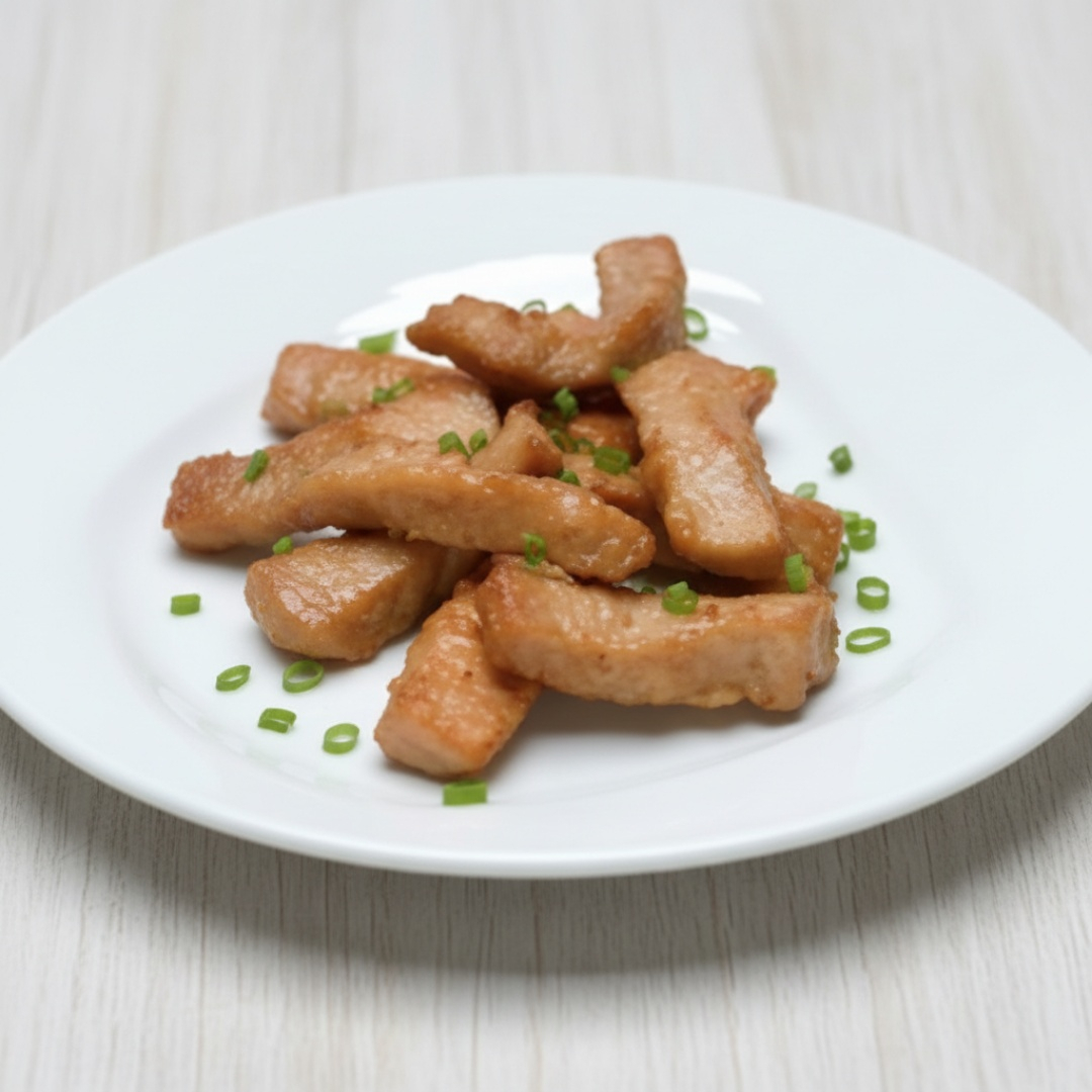 Pedaços de lombo frito, salpicado com cebolinha.