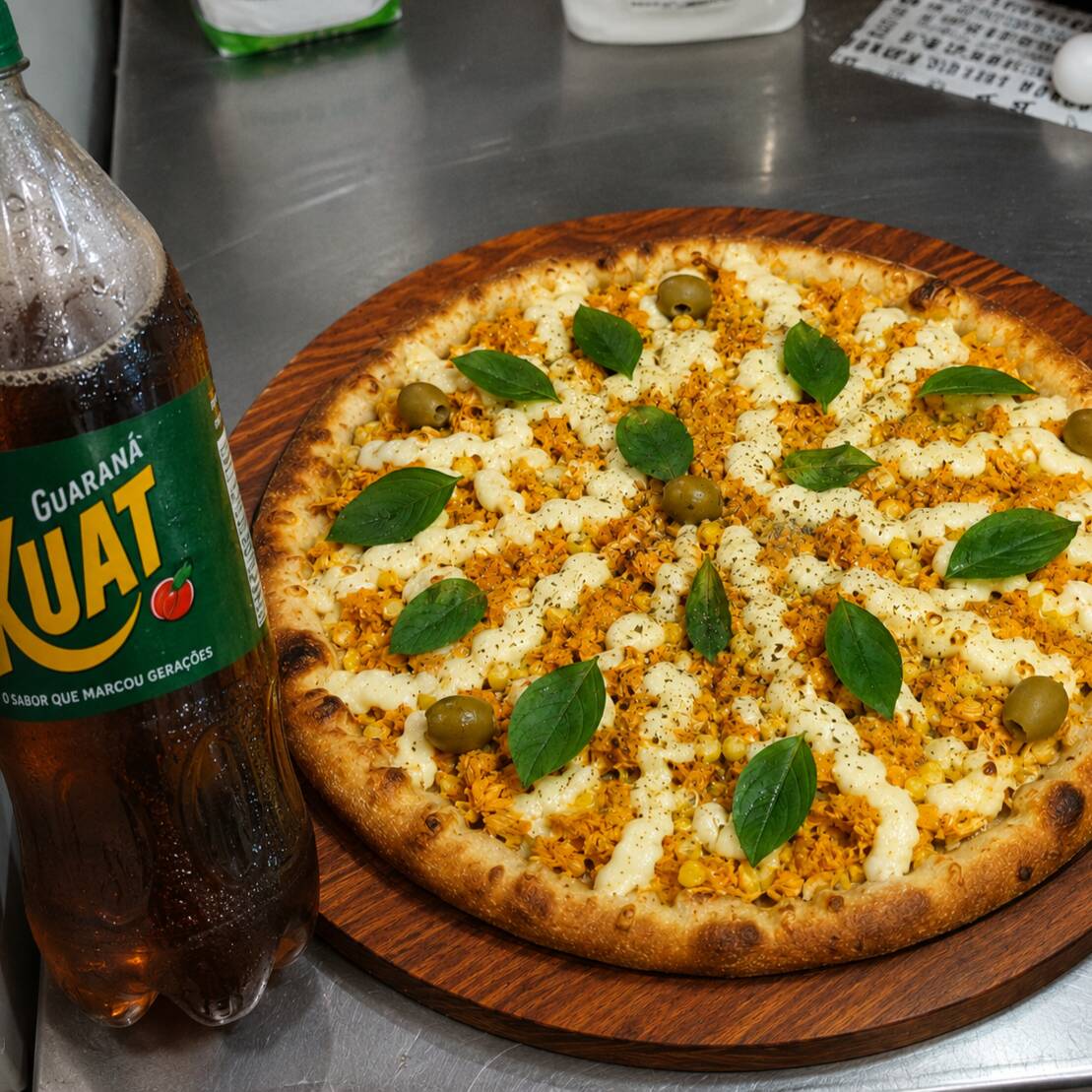 PIZZA GRANDE CAMISA 10 + GUARANÁ KUAT 2L
Muçarela, frango desfiado, milho, catupiry, manjericão, orégano e azeitonas.
