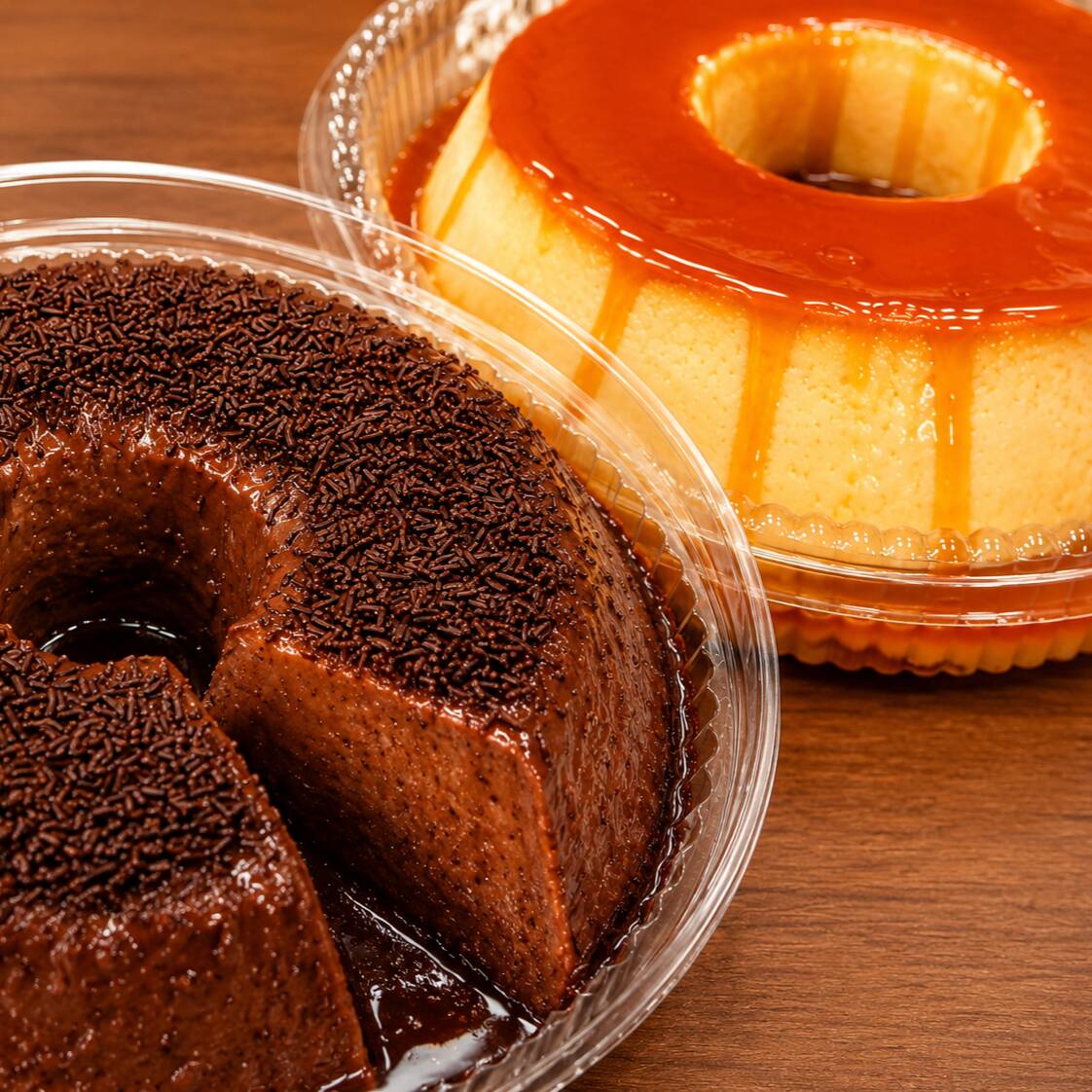 Combo com o clássico Pudim de Leite Condensado artesanal, super cremoso, acompanhado de um irresistível pudim de chocolate, preparado com chocolate e finalizado com granulado crocante. Ideal para compartilhar com a família e amigos.