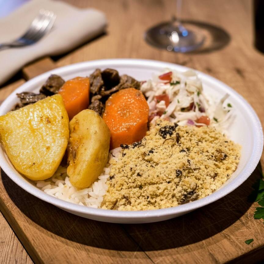 Picadinho saboroso servido com arroz, feijão, farofa e uma deliciosa salada.