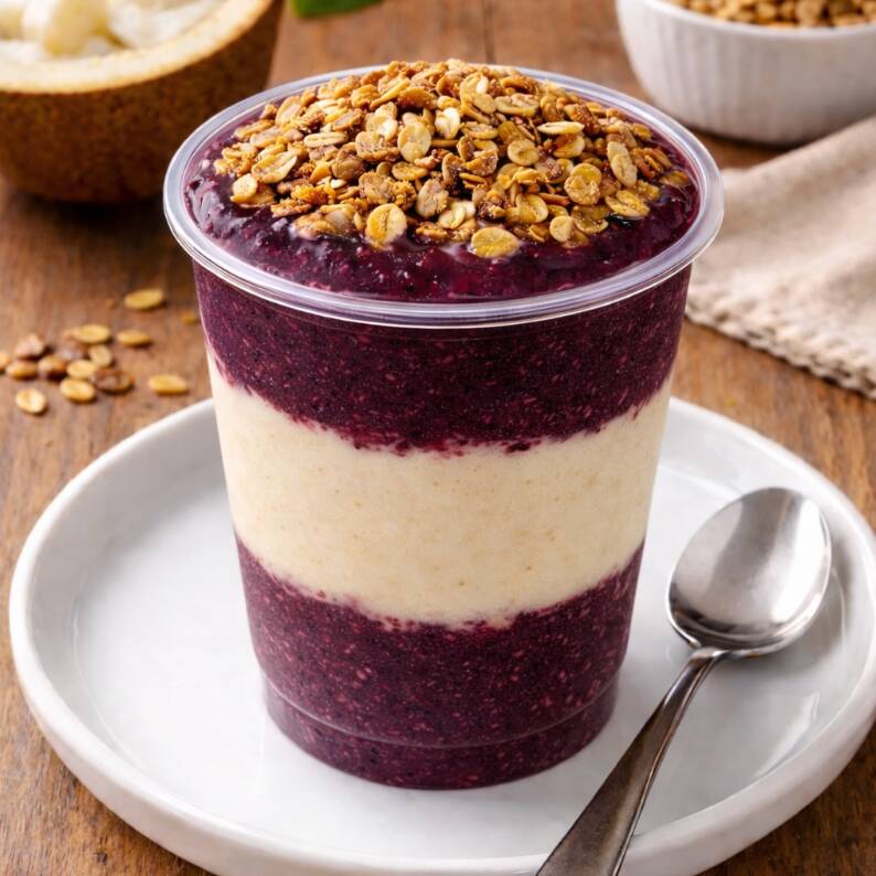 Uma combinação simplesmente irresistível: Cupuaçu cremoso na base e Açaí intenso por cima, divididos perfeitamente meio a meio Finalizado com uma generosa camada deLeite em pó e granola crocante, trazendo aquela explosão de textura a cada colherada!