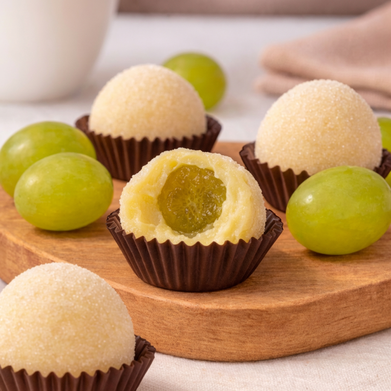 A combinação perfeita entre o brigadeiro de Ninho, uva verde e leite em pó.