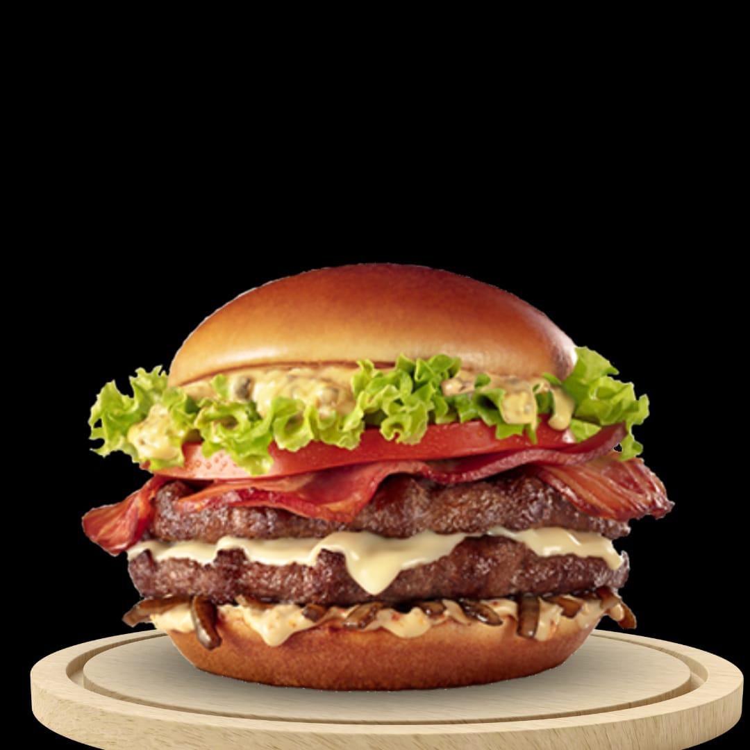 Pão com gergelim, hambúrguer artesanal 180g, bacon crocante, frango desfiado, catupiry, mussarela.