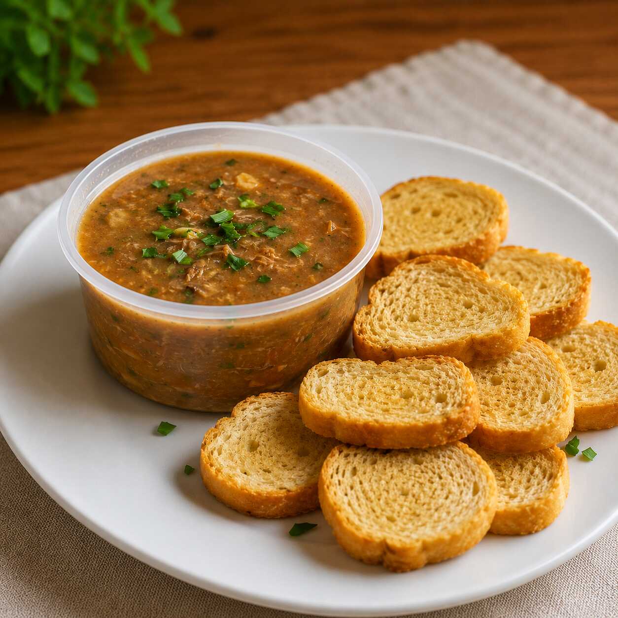 Uma combinação irresistível para aquecer seus dias! Nossa costela é cozida com alho, cebola, cheiro verde, chimi churri e outros temperos especiais até ficar macia e saborosa. Depois de cozida, ela é desfiada e então mandioca é incorporada a ela, que cozinha lentamente no próprio caldo da costela, absorvendo todo o sabor e resultando em uma sopa encorpada, intensa e cheia de sabor em cada colherada. Acompanha aproximadamente 5 torradas crocantes para fazer a diferença e, também, talher.