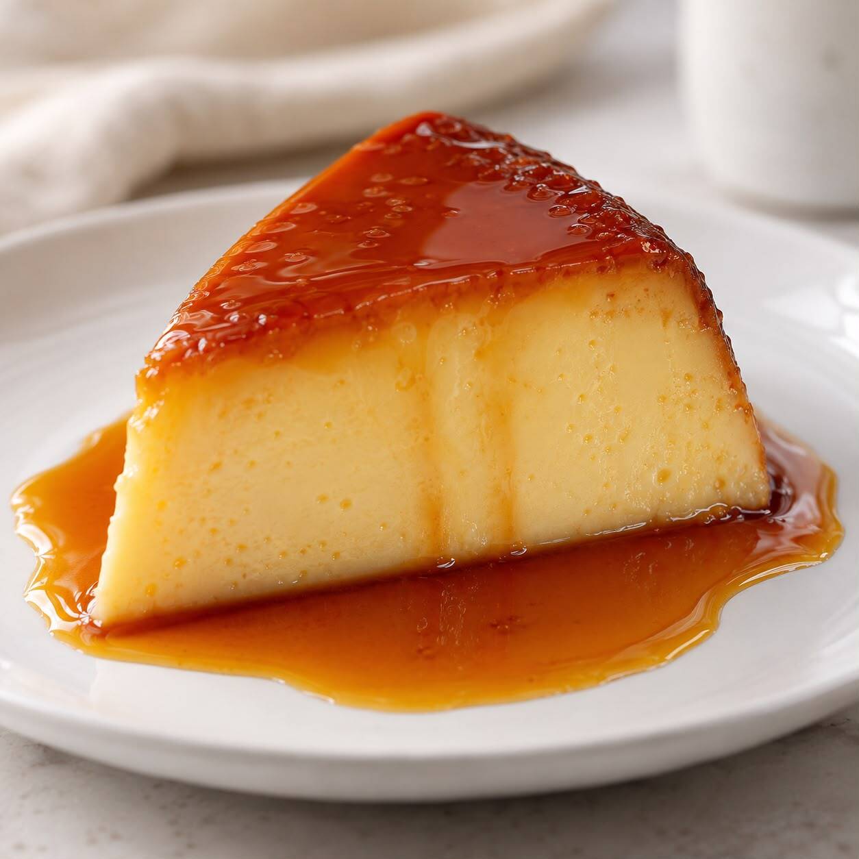 Fatia de pudim cremosa e macia, com deliciosa calda de caramelo.