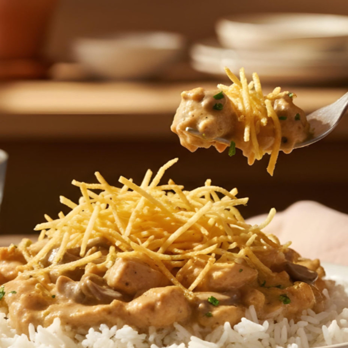 🔥 O clássico que conquista todo mundo! 🥔 Strogonoff de Frango, batata palha crocante e arroz branco