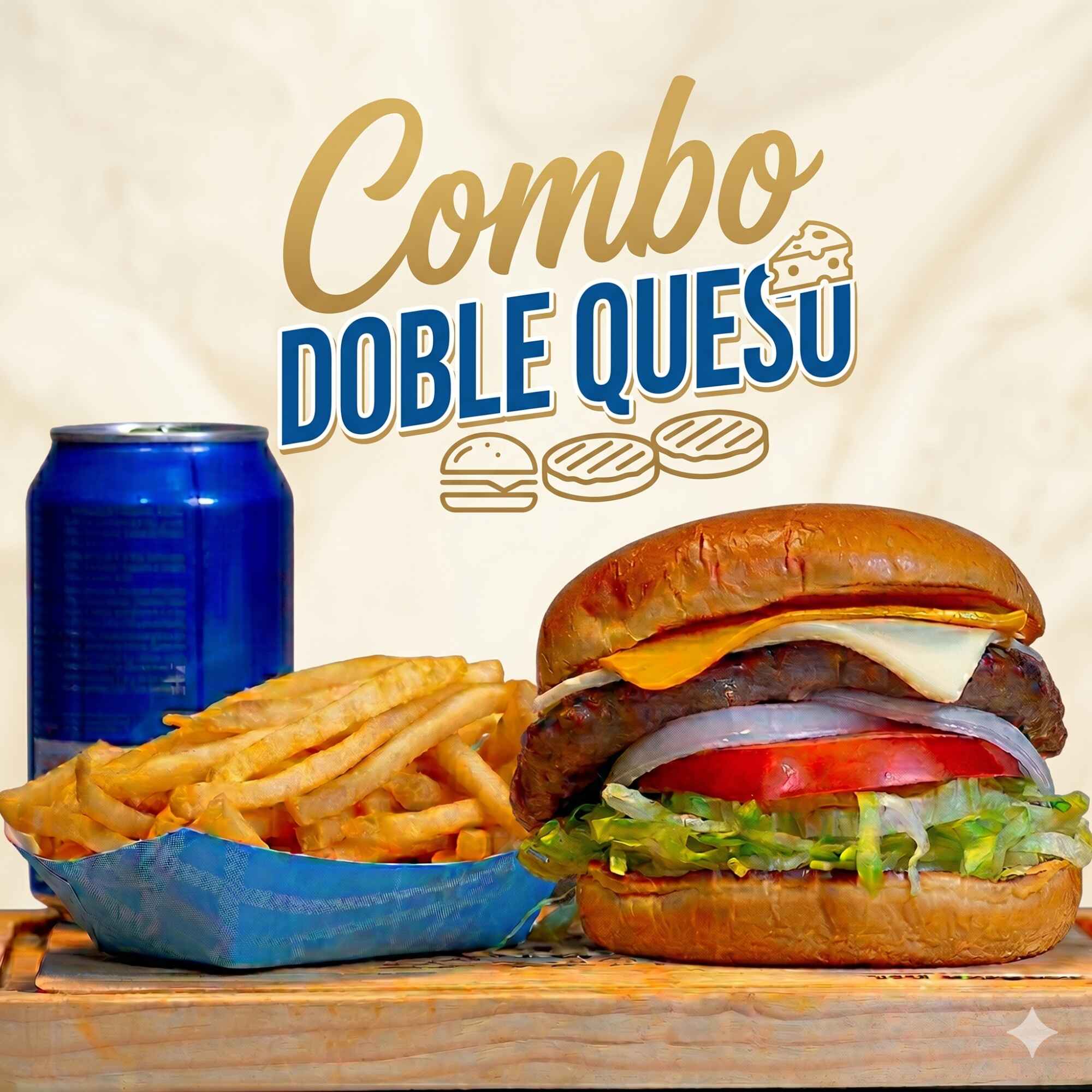Combo Doble Queso + Papas + Bebida
