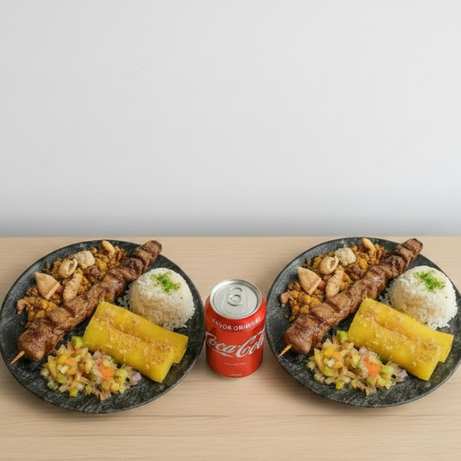 Arroz, Feijão Tropeiro, Espeto, Mandioca, Batata Frita e salada