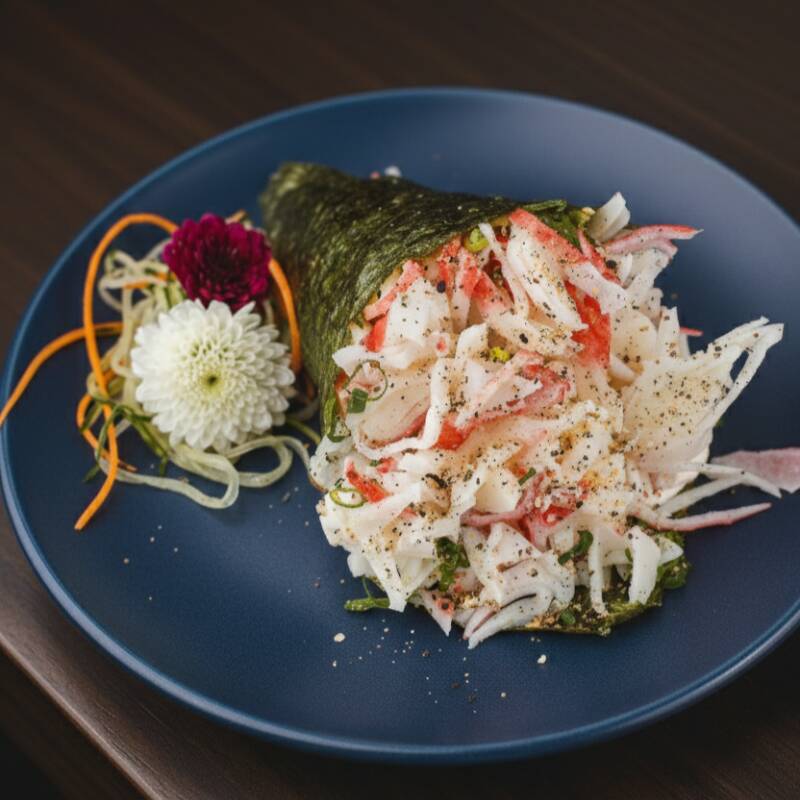 Kani, arroz japonês, cream cheese, cebolinha e gergelim moído.