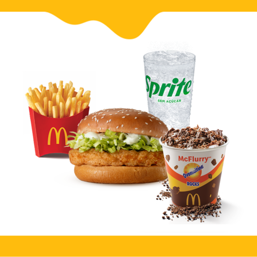 Frango empanado, maionese, alface americana e pão com gergelim, acompanhamento, bebida e McFlurry Ovomaltine Rocks