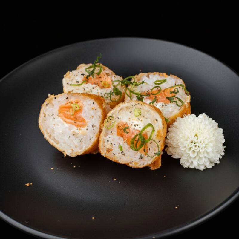 Envolto na massa de Harumaki (massa de rolinho primavera) recheado com arroz, cream cheese e salmão.
