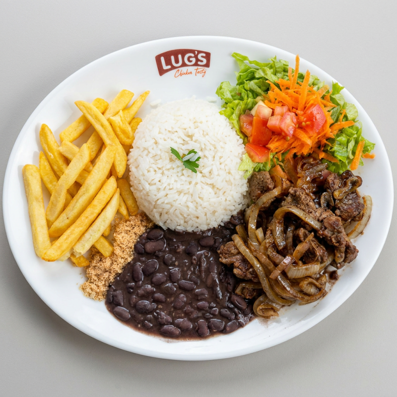 Arroz, feijão, filetado de carne acebolado, batata frita e salada.