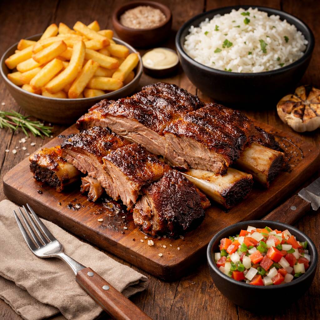 Meia Costela macia da brasa servida com arroz soltinho, batatas crocantes e vinagrete fresco da casa, serve aproximadamente 2 pessoas.