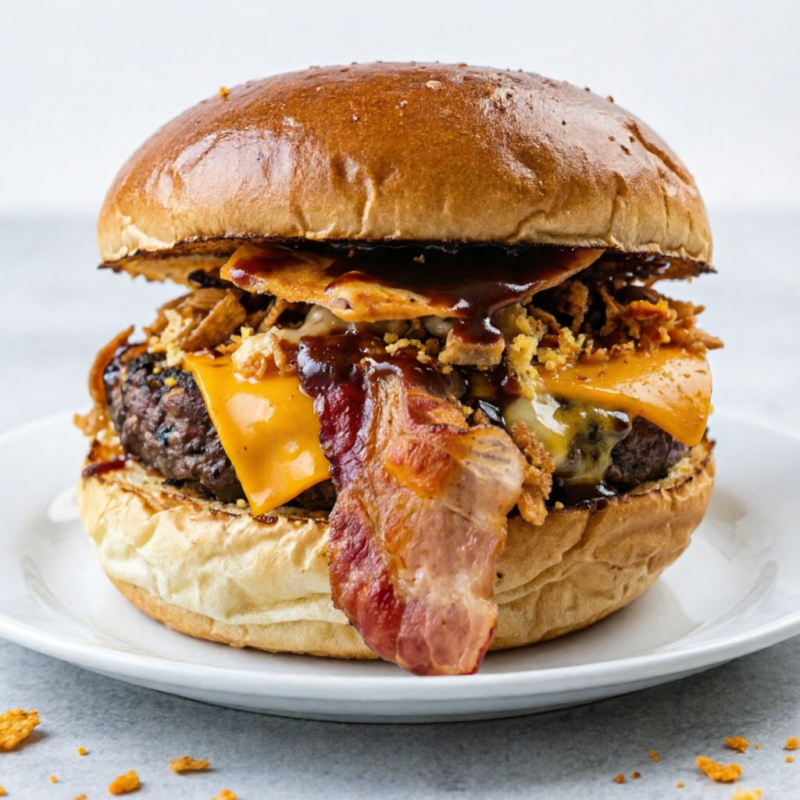 Muuuito Crocante! Delicioso pão brioche selado, blend 160g com queijo cheddar derretido no vapor, bacon crocante, cebola Crispy, farofa de nacho e barbecue