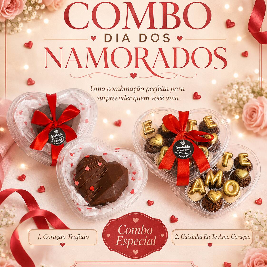 1 cx coração com 10 doces, e 1 coração lapidado trunfado ninho e chocolate