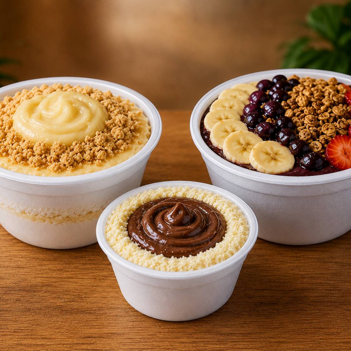1 Açaí (700ml): Tradicional, super cremoso e no ponto ideal.1 Cupuaçu (500ml): Aquele toque regional, extremamente refrescante e macio.1 Ninho com Nutella (300ml)