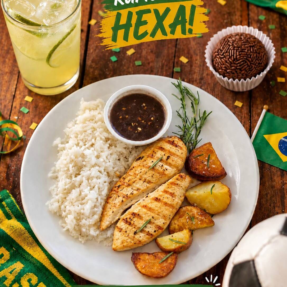 Combo especial Copa do Mundo! Escolha entre filé de frango grelhado ou alcatra, acompanhados de arroz, feijão e batata rústica. Inclui bebida e brigadeiro low carb para fechar o jogo com chave de ouro. Uma refeição campeã para acompanhar cada partida!