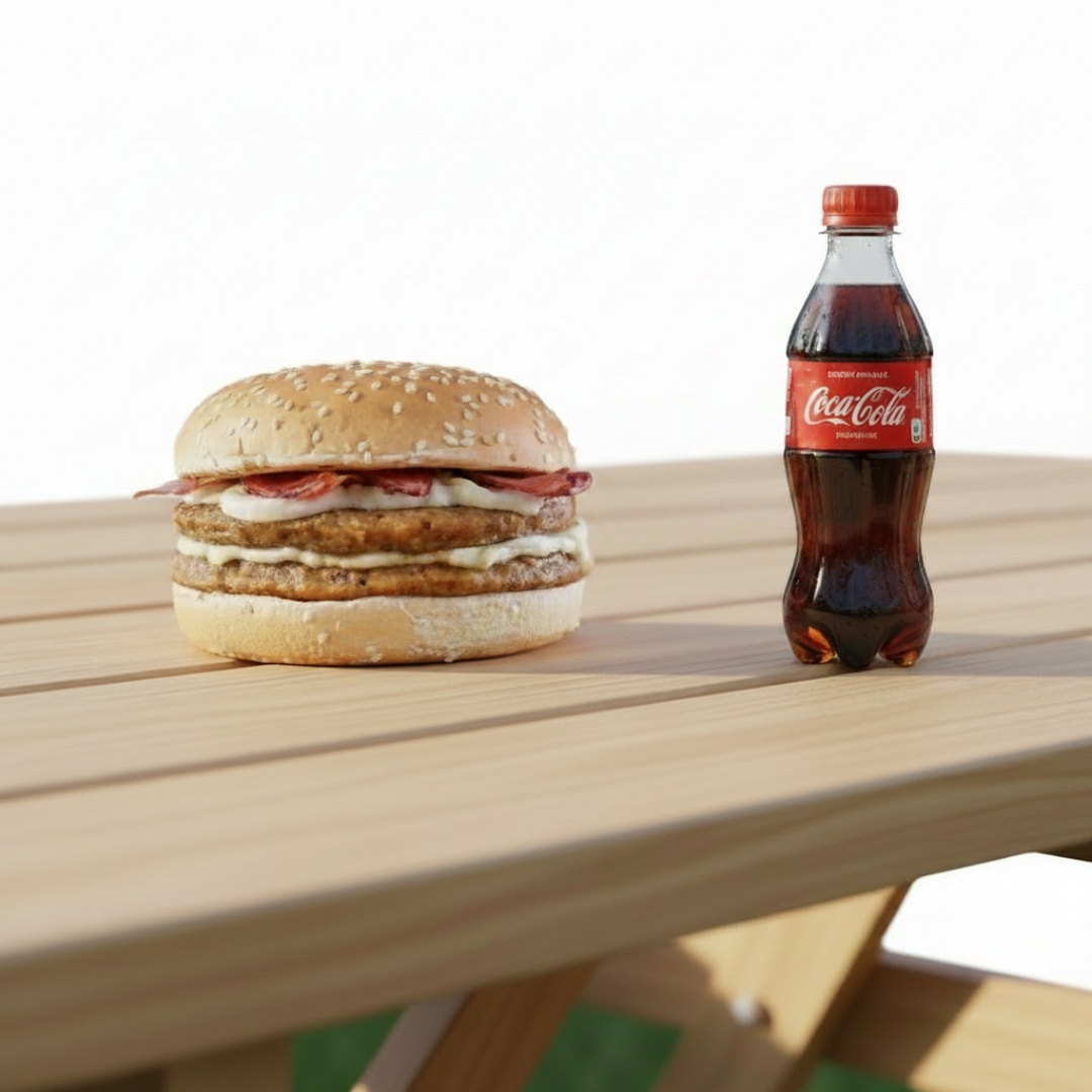 Pao ,02 carnes de hamburguer ,bacon ,Catupiry ,salada alface e tomate + 01 mini refrigerante 200ml obs sem milho e batata palha