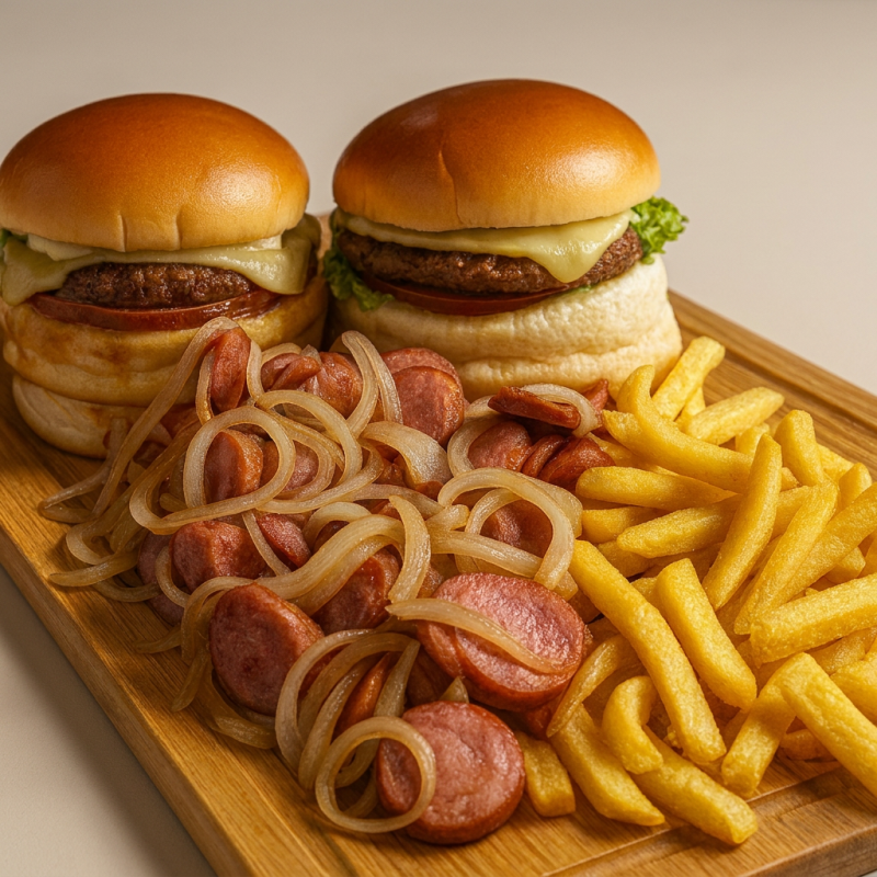 Combo Casal 2: Sabores para Compartilhar! Desfrute de uma refeição deliciosa a dois com o nosso Combo Casal 2! Este combo inclui: 2 suculentos Salada Burguers, preparados com os melhores ingredientes para garantir o máximo de sabor. Pão com gergelim selado na manteiga, hamburguer tradicional ,queijo Mussarela, maionese artesanal, alface e tomate. Porção de calabresa acebolada, uma explosão de sabores defumados e picantes. Batatas fritas crocantes, o acompanhamento perfeito para completar esta refeição deliciosa. Aproveite este combo perfeito para compartilhar momentos especiais com quem você ama! Obs: Devido Ao Transporte A Batata Pode Perder A Crocancia! Combo Recomendado para 2 pessoas Imagem meramente ilustrativa, todos o combos podem sofrer variações da imagem, como cor, organização e quantidade dos itens.