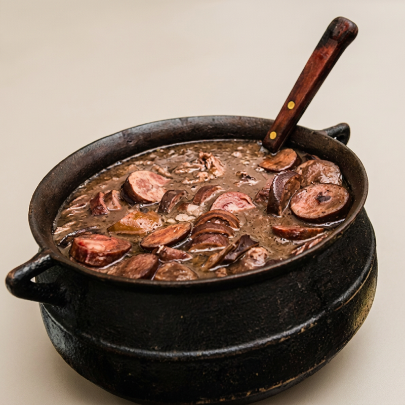 Marmita de feijoada com bastante carne, arroz, farofa, banana milanesa e laranja