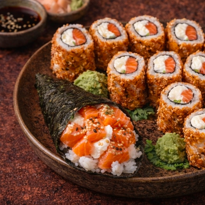 Temaki 50 g de arroz 50 de salmso 30 g de creme cheesehot file 10 hot de file de salmao