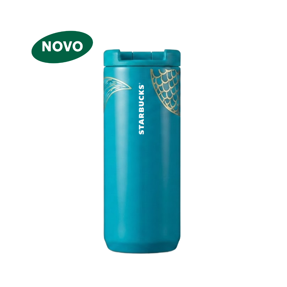Garrafa térmica azul turquesa e detalhes em dourado em aço inoxidável - 355ml.