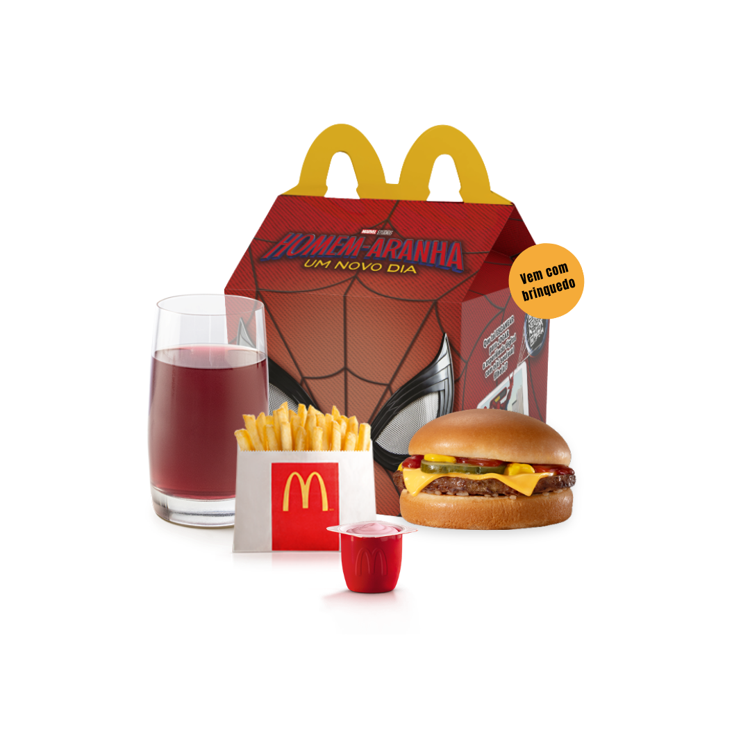 O McLanche Feliz acompanha sanduíche cheeseburguer, McFritas como acompanhamento, uma refrescante bebida e Petit Suisse do Méqui como sobremesa. Brinquedo sujeito a disponibilidade de estoque por restaurante. Confira informações nutricionais em: mcdonalds.com.br/cardapio/ mclanche-feliz. Imagem Meramente Ilustrativa Não utilize o campo de observações para fazer alterações de ingredientes, para isso utilize a categoria Especial Para Você.