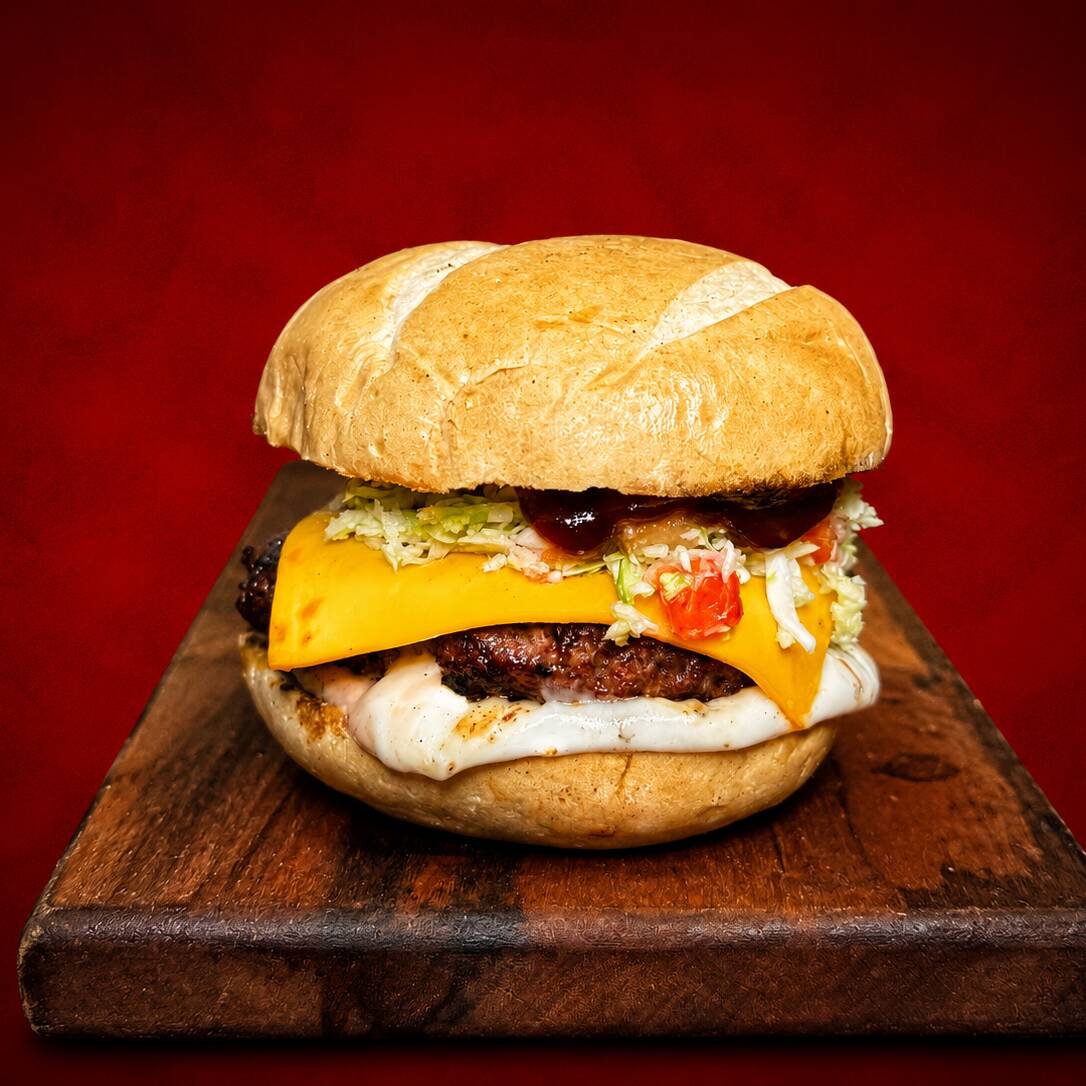 Burger 140g na brasa, cheddar, vinagrete, pasta de alho e barbecue no pão bola francês. Uma explosão de sabor rústico e defumado!