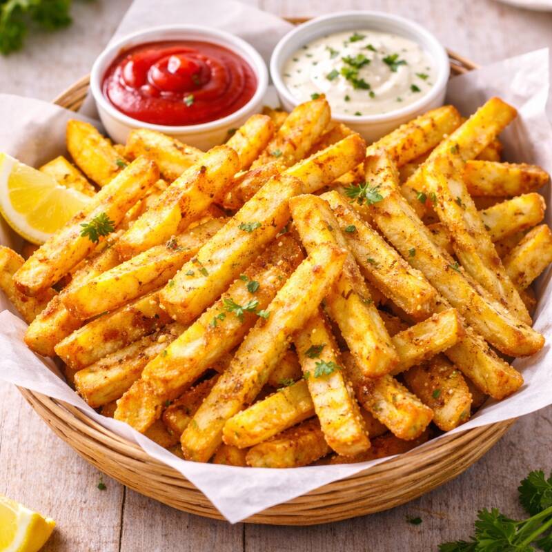 Batata frita acompanhada de molho verde