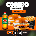 2 Hambúrgueres Clássico Farini + Batata Média + Guaraná Antarctica 1L Pão brioche, carne 130g, queijo mussarela derretido, bacon crocante e maionese Farini.