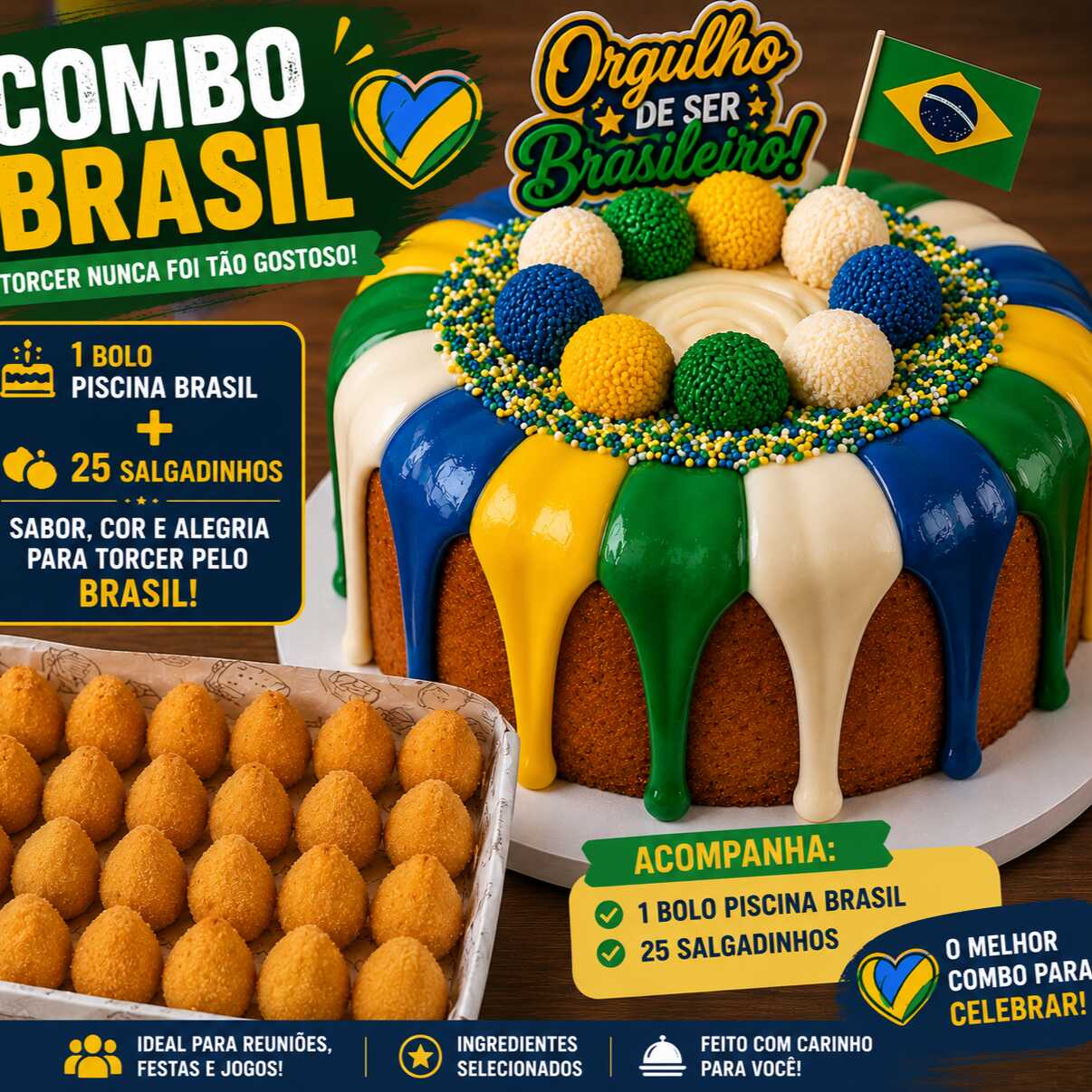 Mensagem
Combo Copa do Mundo
A combinação perfeita para deixar sua torcida ainda mais gostosa!
Nosso combo vem com 1 Bolo Piscininha temático do Brasil 20 centímetros, super macio e com cobertura cremosa, acompanhado de 25 salgadinhos 20 gr Frito, fresquinhos e saborosos.
Ideal para assistir aos jogos, reunir a família, receber os amigos e comemorar cada lance com muito sabor.
Garanta já o seu combo e torça pelo Brasil com gostinho de festa!