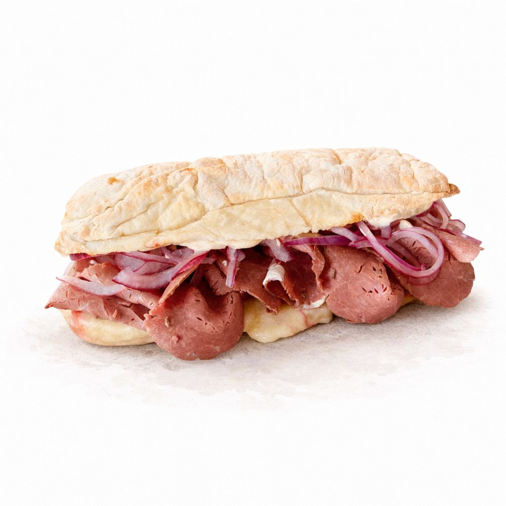 Pão ciabatta com pastrami fatiado, queijo Gouda, picles de cebola roxa e aioli com mostarda Dijon, temperado com azeite e pimenta moída na hora.